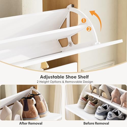 Nicetree Shoe Cabinet with 3 Flip Drawers，Freestanding Shoe Storage Cabinet, Narrow Shoe Organizer Cabinet, Farmhouse Slim Shoe Rack Cabinet for Entryway, Natural Oak and White with Hook - color: Natural Oak and White, style: 3-Drawers with Hook