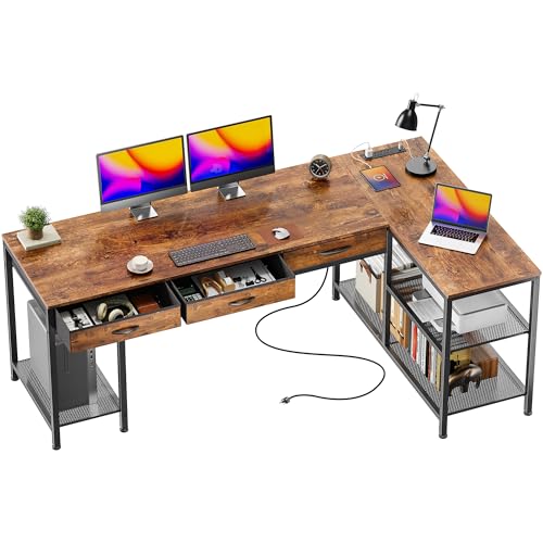 PRAISUN 63 Inch L Shaped Office Desk with Power Outlets and Type-C Port, Large Computer Gaming Desk with 3 Fabric Drawers, Mesh Shelves, Corner Study Work Writing Desk, Rustic Brown - color: Rustic Brown, size: 63inch
