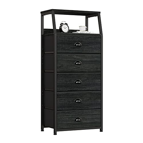 Furnulem Black Dresser with 5 Drawers, Vertical Storage Tower Fabric Dresser for Bedroom, Hallway, Entryway, Nursery, Closet Organizer, Nightstand Bedside Table Furniture, Sturdy Steel Frame, Wood Top - color: Black Oak, style: 5 Drawers