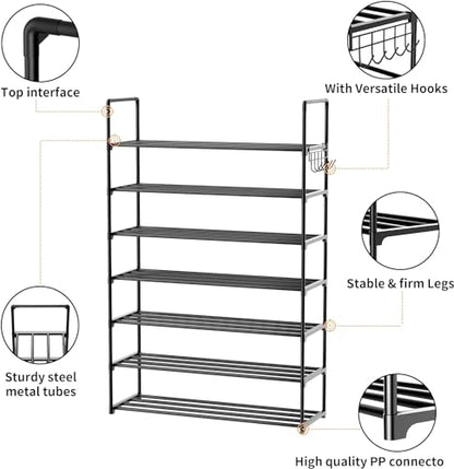Metal Shoe Organizer,7 Tiers Shoe Storage Shoe Rack with Hooks,Fit 24-30 Pairs,Adjustable Shoe Shelf for Entryway,Hallway,Bedroom,Metal Bottom Support - size: 7 Tier