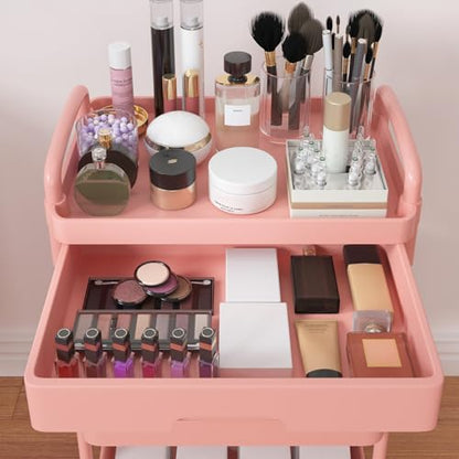 Calmootey 4-Tier Rolling Utility Cart with Drawer,Multifunctional Storage Organizer with Plastic Shelf & Metal Wheel,Storage Cart for Kitchen,Bathroom,Living Room,Office,Pink | Space-Saving Organizer, Sturdy Plastic Shelves, Smooth-Rolling Metal Wheels, B