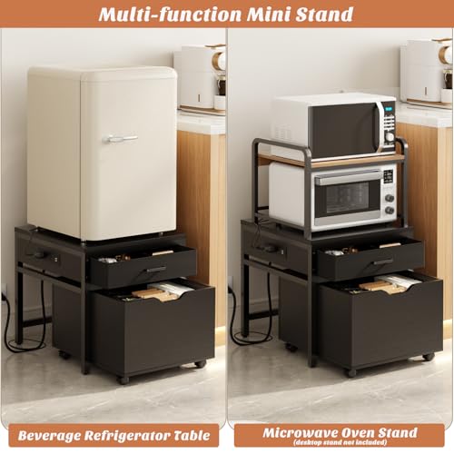Unikito Mini Fridge Stand with Drawer Storage & Power Outlet, Black | Heavy duty mobile beverage refrigerator shelf with lockable wheels, 22.8" x 21.6" table, max load 300 lbs for office. - color: Black