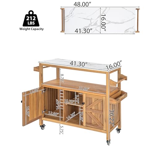 Merax Outdoor Acacia Wood Bar Cart, Natural Finish with Marble-Effect Top | Lockable Wheels & Bottle Holders for Indoor, Outdoor, Patio - style: Style 2