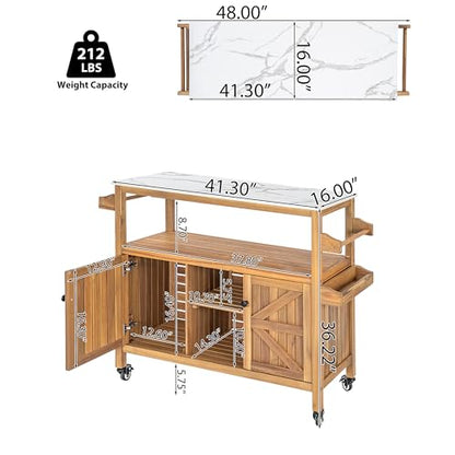 Merax Outdoor Acacia Wood Bar Cart, Natural Finish with Marble-Effect Top | Lockable Wheels & Bottle Holders for Indoor, Outdoor, Patio - style: Style 2