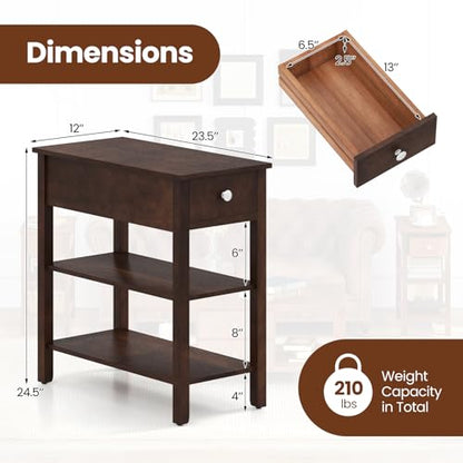 Giantex Narrow End Table Set of 2, Farmhouse Side Tables with Drawer & Storage Shelves, Wood Sofa Side Tables, 3-Tier Nightstands for Small Space, Living Room, Bedroom, 23.5"L x 12"W x 24.5"H, Walnut - color: Walnut