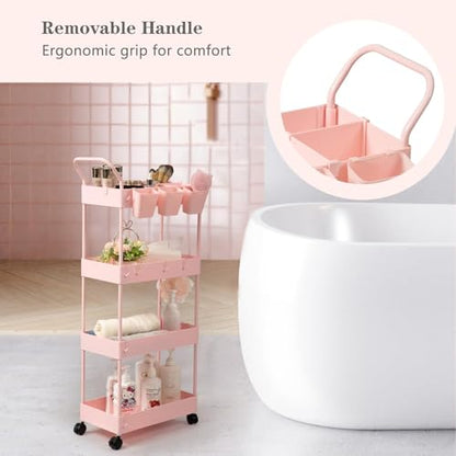 Danpinera 4-Tier Pink Slim Storage Cart, Narrow Laundry Cart with Wheels, Dividers, Hanging Cups, Hooks, Easy Assembly - style: 4 Tier Pink