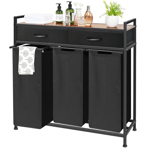 180L Laundry Sorter Hamper Basket 3 Section with Shelf & 2 Drawers | 3 Compartment Clothes Storage Organizer Cart, Pull-Out Removable Oxford Fabric Bags - color: Black, size: 180L