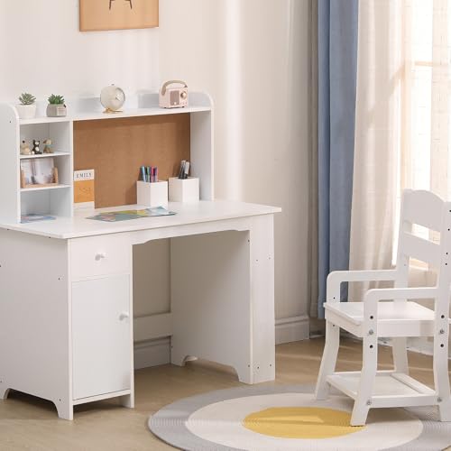 Garvee Kids Desk, Study Desk and Chair Set for Boys and Girl, Wooden Kids Writing Table with Bookshelf, Bulletin Board, Cabinet and Drawer for Ages 3-8, White - color: Pure White, style: 1 Cabinets+1 Drawer