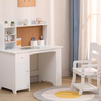 Garvee Kids Desk, Study Desk and Chair Set for Boys and Girl, Wooden Kids Writing Table with Bookshelf, Bulletin Board, Cabinet and Drawer for Ages 3-8, White - color: Pure White, style: 1 Cabinets+1 Drawer