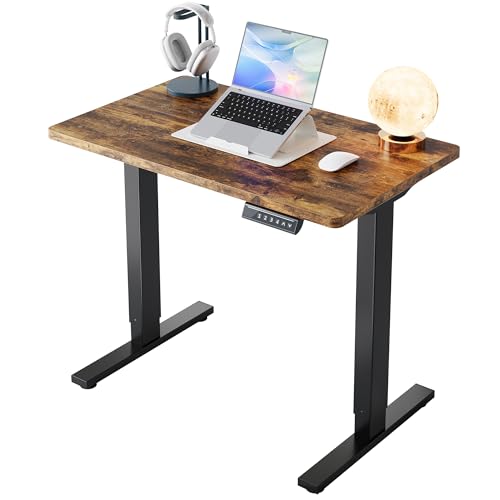 HUANUO 32" Small Electric Standing Desk Adjustable Height, 4 Memory Height Settings, Sit Stand Up Desk for Home Office & Computer Workstation, Vintage Brown - color: Rustic Brown, size: 32" X 19"