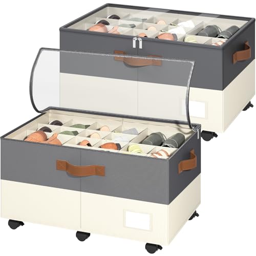 Shoe Organizer for Closet, 2 Pack Shoe Storage Organizer with Wheels and Adjustable Dividers, Shoe Storage Box with Clear Cover, Foldable Closet Shoe Organizer Fits up to 24-48 Pairs, Gray and Beige - color: Gray and Beige, size: 25 ½"L x 17"W x 12 ½"H-2
