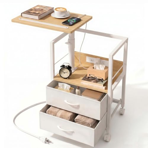 Faesun Swivel Lift Top Nightstand with Charging Station, Rolling Side Table for Recliner, Bedside Table with Wheels & 2 Fabric Drawers, for Small Spaces, for Bedroom, Living Room, Oak White - color: 06 - Oak White, size: 2 Drawers