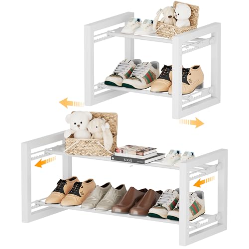 Homeiju Expandable Shoe Rack, 2 Tier Metal Shoe Shelf, Adjustable Shoe Stand for Sneakers, Boots, Heels, Heavy-Duty Steel Standing Shoe Organizer for Entryway, Closet, Bedroom, White - color: White, size: 2-Tier