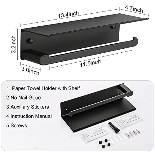 DUFU Paper Towel Holder Wall Mount for Kitchen, Black | Self-Adhesive Paper Towel Holder with Shelf for Bathroom, Anti-Rust Aluminum, No Drill or Wall-Mounted with Screws - color: Black