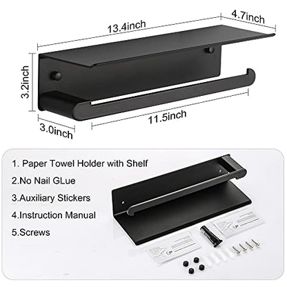 DUFU Paper Towel Holder Wall Mount for Kitchen, Black | Self-Adhesive Paper Towel Holder with Shelf for Bathroom, Anti-Rust Aluminum, No Drill or Wall-Mounted with Screws - color: Black