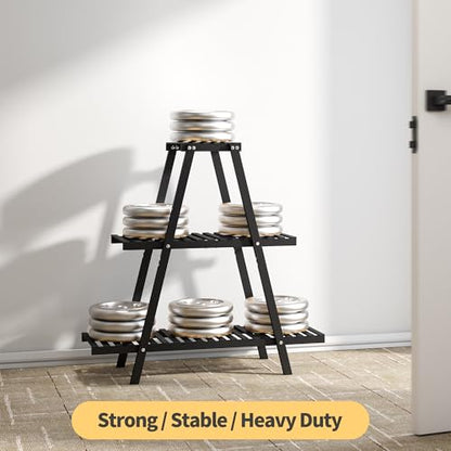 Bamboo Plant Stand Indoor/Outdoor, 3-Tier, Black, Rectangular, 8 Potted Flower Holder Ladder Plant Rack - color: Black