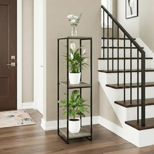 46" Tall 3-Tier Corner Plant Stand Indoor, Oak Grey | Functions as Flower Pots, Shelf, Decor Rack, Holder; Metal Frame with MDF Boards; for Living Room, Balcony; Modern Design