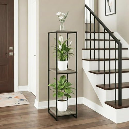 46" Tall 3-Tier Corner Plant Stand Indoor, Oak Grey | Functions as Flower Pots, Shelf, Decor Rack, Holder; Metal Frame with MDF Boards; for Living Room, Balcony; Modern Design