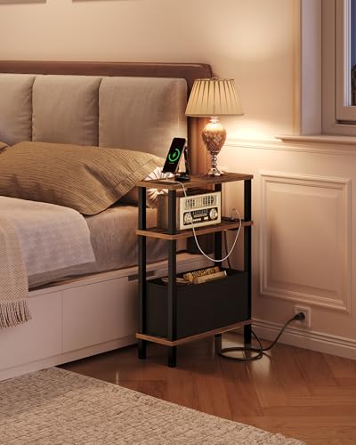 CHOEZON Narrow Side Table with Charging Station, Skinny End Table with Fabric Basket, Slim Nightstand for Small Spaces, Small Side Table, for Living Room, Bedroom, Rustic Brown and Black TBZ07UBF - color: Rustic Brown + Black