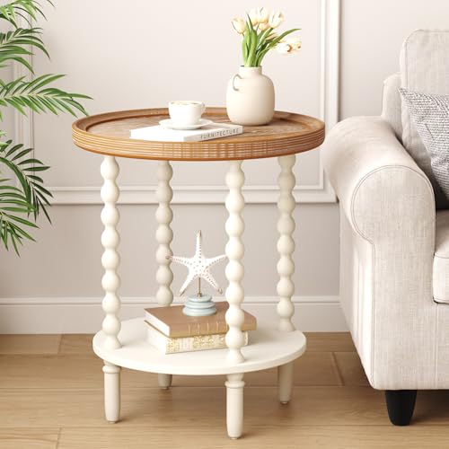 Function Home Round End Table, Farmhouse Side Table with Storage Shelf, 2 Tier Wooden Nightstand, 19.2” Accent Table for Living Room Bedroom Small Space, Natural Tray Top and Vintage White Spindle Leg - color: Round