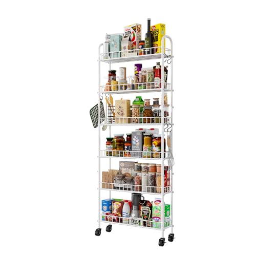 6 Tier Slim Rolling Storage Cart with Wheels, Metal Mobile Shelving Unit Organizer Utility Cart for Office Bathroom Kitchen Laundry Room Narrow Places (White 6 Inches) - size: White 6 Inches