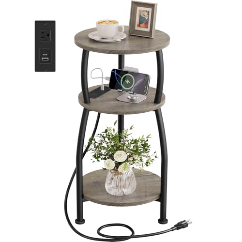 Round Side Table with Charging Station, Small Spaces Nightstand | 3-Tier End Table Beside Sofa Couch, Type C & USB Ports, Small Accent Table for Living Room, Bedroom, Dorm, Grey - color: Grey, size: 11.8''Dia with Power Strip