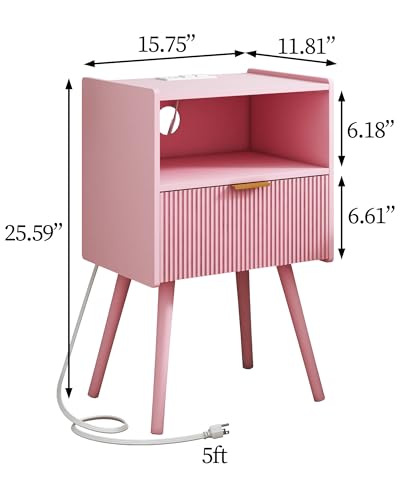 JOONEE Nightstand with Oultlet,Modern Bedside Table with Storage Drawer and Open Wood Shelf, for Living Room, Bedroom and Small Spaces, Accent Night Stand with Solid Wood Legs, Easy Assembly,Pink - color: Pink-outlet