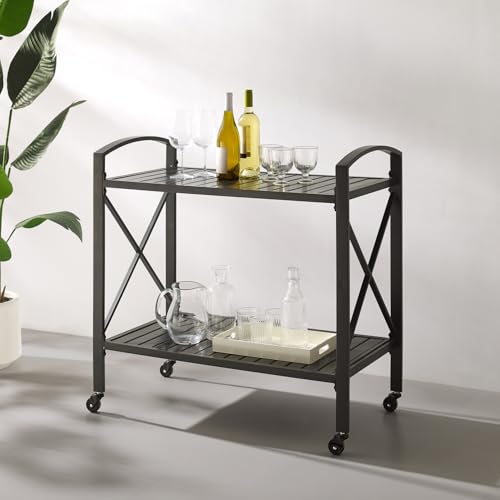 HomeStock Mediterranean Magic Outdoor Metal Bar Cart, Oil Rubbed Bronze, 18.88" D x 36.88" W x 35.5" H, Tiered Shelving Storage Cart, Outdoor Bar Serving Cart, Modern Bar Cart