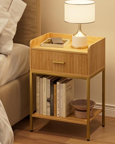 Nightstand, 3-Tier Bed Side Table, Small End Table, Night Stand with Open Shelf and Drawer, Bedside Table for Bedroom, Living Room, Oak - color: Oak, style: Without Charging Station