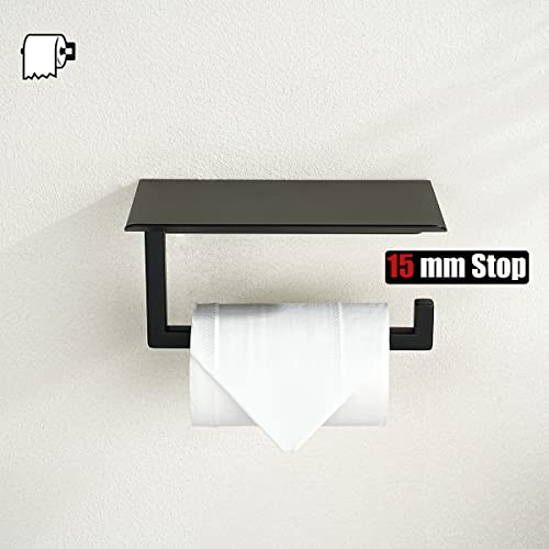 JQK Toilet Paper Holder Shelf, Bathroom Tissue Roll Holder with Phone Shelf, 5 Inch 304 Stainless Steel Tissue Paper Dispenser, Matte Black Wall Mount, TPH202-PB - color: Black