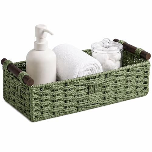 Sage Green Toilet Tank Basket, Back of Toilet Storage | Woven Bathroom Basket with Wood Handles for Toilet Tank Top, Vanity, Shelf, Countertop Organizer Sage Green Bathroom Décor - color: Olive Green