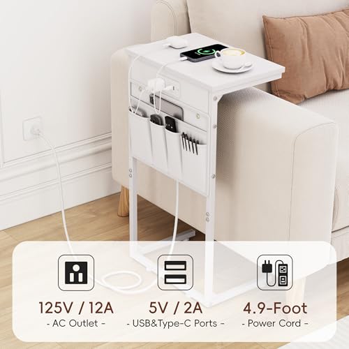 C Shaped End Table with Charging Station, 28" Tall Couch Side Table, Sofa Table Beside Table, Slide Under Sofa Arm C Table for Small Spaces, TV Tray Table for Living Room, Bedroom, White - color: White