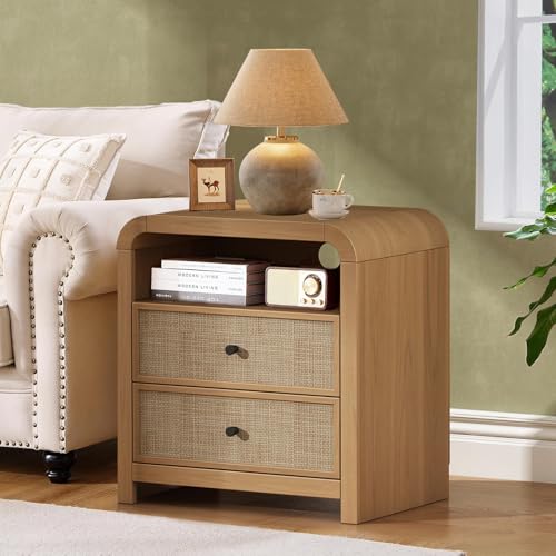 Oak&Sparrow Rattan Nightstand, 23.6'' Rattan End Table with Ample Storage, Boho Nightstand with Charging Station, Thickened Curved Profile Design, Oak Nightstands for Living Room, Bedroom - color: Natural Oak, size: 1 Piece
