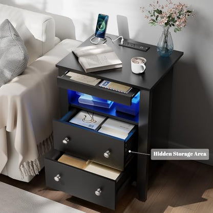 Loomie Black Nightstand with Gun Drawer, Night Stand with Charging Station & LED Lights, Bedside Table with Tray & 2 Drawers, End Side Table with Hidden Compartment for Valuables Storage