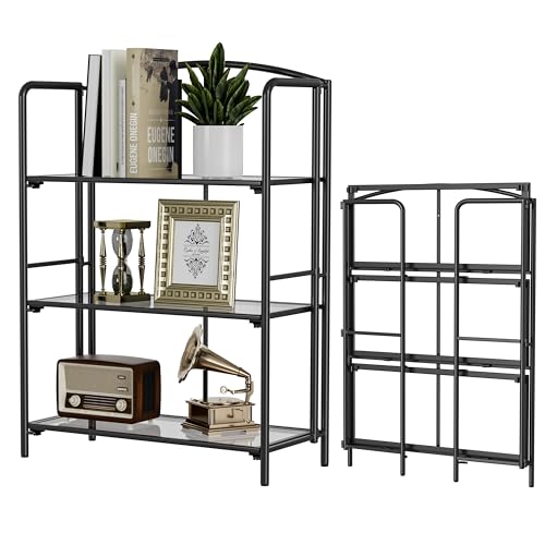 Crofy 3-Tier Wider Foldable Bookshelf, Black Frame & Transparent Shelves | No-Assembly Collapsible Portable Storage Organizer; Sturdy Transparent Shelves; Ideal for Living Room & Home Office - color: Black Frame & Transparent Shelf, size: 3 Tier Wider