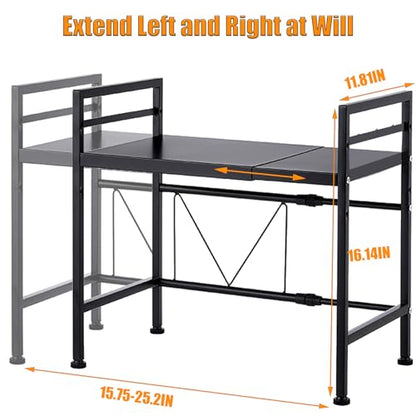 Extendable Microwave Oven Stand, Adjustable Microwave Rack Toaster Shelf, Heavy Duty Rack 2 Tier Kitchen Counter Top Organizer with 6 Hooks for Kitchen - color: Black