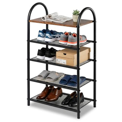 5-Tier Shoe Rack, Rustic Wood Look Shoe Organizer with Metal Frame and Mesh Shelves, Space-Saving for Entryway, Hallway, Bedroom (17.32" L x 10.24" W x 31.89" H) - size: 17.32" X 10.24" X 31.89"