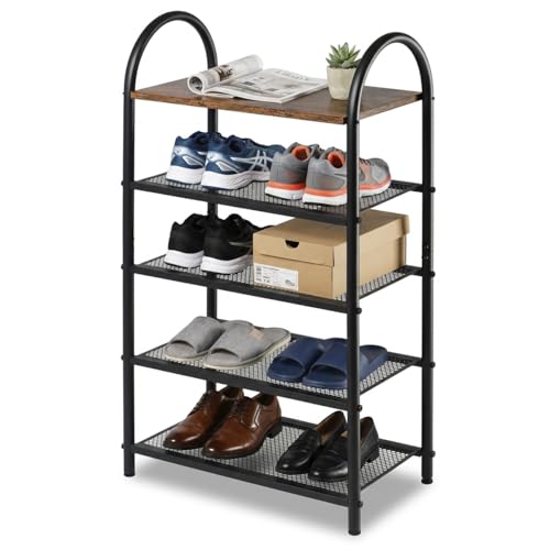 5-Tier Shoe Rack, Rustic Wood Look Shoe Organizer with Metal Frame and Mesh Shelves, Space-Saving for Entryway, Hallway, Bedroom (17.32" L x 10.24" W x 31.89" H) - size: 17.32" X 10.24" X 31.89"