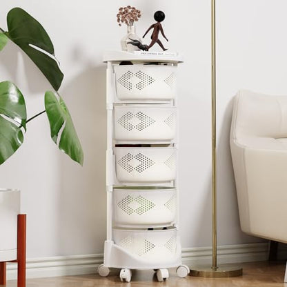 5 Tier Kitchen Storage Cart, Circular Rotating Basket Organizer Height Adjustable Fruit Vegetable Shelf, 360 Degree Lockable Wheels Hollow Mesh Rolling Storage Tower (White)