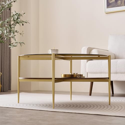 LumFurn Extra Large Round Coffee Table, Mid-Century Modern Design, D34 x H17 in, for Living Room, 2-Tier Structure, Amber Glass Top and Walnut MDF Shelf, Sleek Conical Metal Legs with Gold Finish - color: Amber & Walnut, size: D34" Round Coffee Table