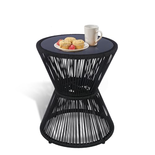 SUNNYPARK Small Outdoor Side End Table Modern Hourglass Style 20" H | Tempered Glass Top, Hand-Woven Rope, Easy Assembly, All Weather, Round Accent Table for Coffee Patio Balcony Poolside - color: Black