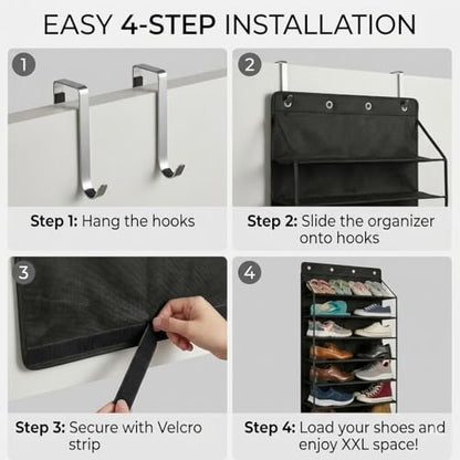SUREMAX Super Capacity Over The Door Shoe Organizer, 11-Tier Hanging Shoe Rack for Closet Door Fits 33 Pairs, Clear PVC Behind The Door Storage Organizer with Heavy Duty Hooks & Loop Fastener, Black