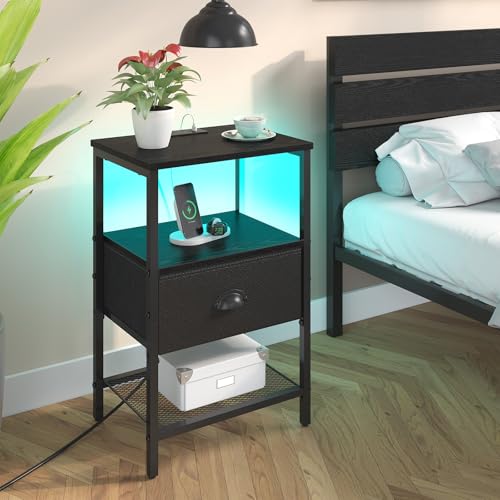 sthmec Nightstands Set of 2, LED Night Stands with Charging Station and Fabric Drawer, Bedside Tables with Drawers, 2- Tier LED Side Tables End Table Charging Station Bedroom, Black - color: Black, style: Power & LED