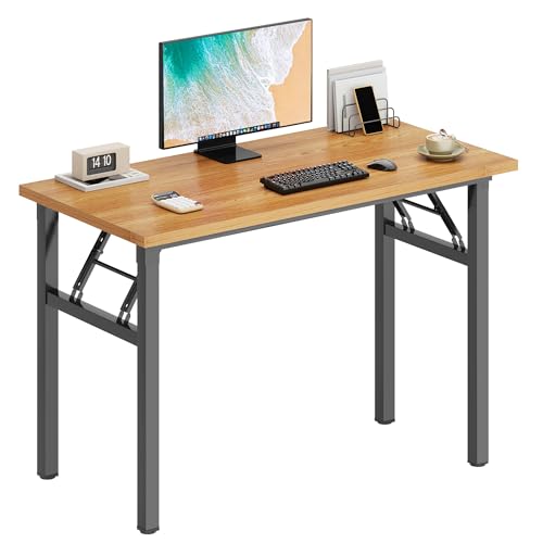 DlandHome 39.4 Inch Small Folding Computer Desk for Home Office, Teak Black | Foldable Writing Table for Small Spaces Bedroom, No Assembly Required, Wood Top Metal Frame, Collapsible Compact Easy Storage - color: Teak + Black, size: 39 Inches