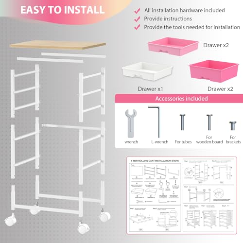 Goovilla Rolling Cart with Drawers, Utility Cart Organizer with 5 Removable Drawers and Wooden Tabletop, Lockable Rolling Storage Organizer for Art, Classroom, Home, Dorm, Office, Craft Storage, Pink - size: Pink