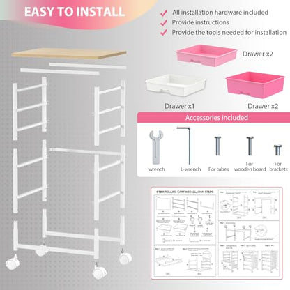 Goovilla Rolling Cart with Drawers, Utility Cart Organizer with 5 Removable Drawers and Wooden Tabletop, Lockable Rolling Storage Organizer for Art, Classroom, Home, Dorm, Office, Craft Storage, Pink - size: Pink