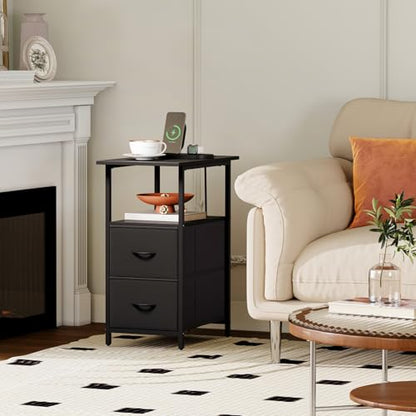 Somdot End Table with Charging Station, Narrow Side Table with 2 Fabric Drawers, Skinny Nightstand with Storage, Small Slim Bedside Table for Living Room, Sofa, Bedroom, Couch, Black - color: Black