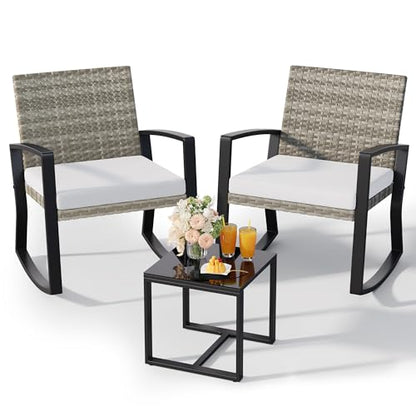 Qsun 3 Pieces Outdoor Patio Furniture Set Rocking Bistro Set, Outdoor Patio Furniture Set with Coffee Table for Garden Balcony Backyard Poolside (Light Grey Cushion) - color: Light Grey