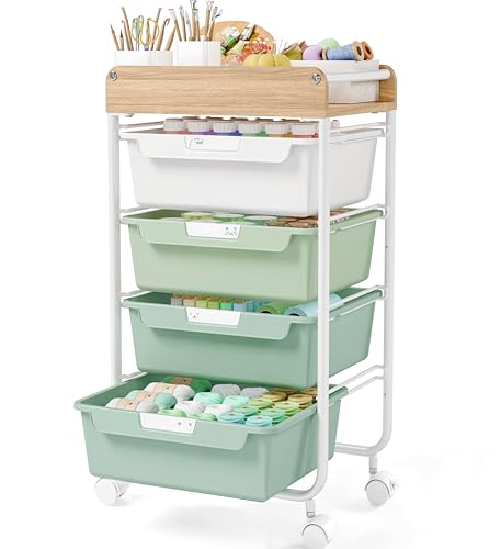 Rolling Craft Storage Cart with 4 Drawers,Utility Cart with Drawers,Art Craft Organizers and Storage,Kids Craft Cart,Kids Art Cart With DIY Lable and Wooden Tabletop Area,Green - color: Green, size: 4-Drawer