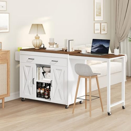YATINEY Extendable Kitchen Island, Large Mobile Kitchen Storage Island, Rolling Kitchen Cart with Outlets, Island Table for Kitchen, White ZD03UWH - color: White +Walnut